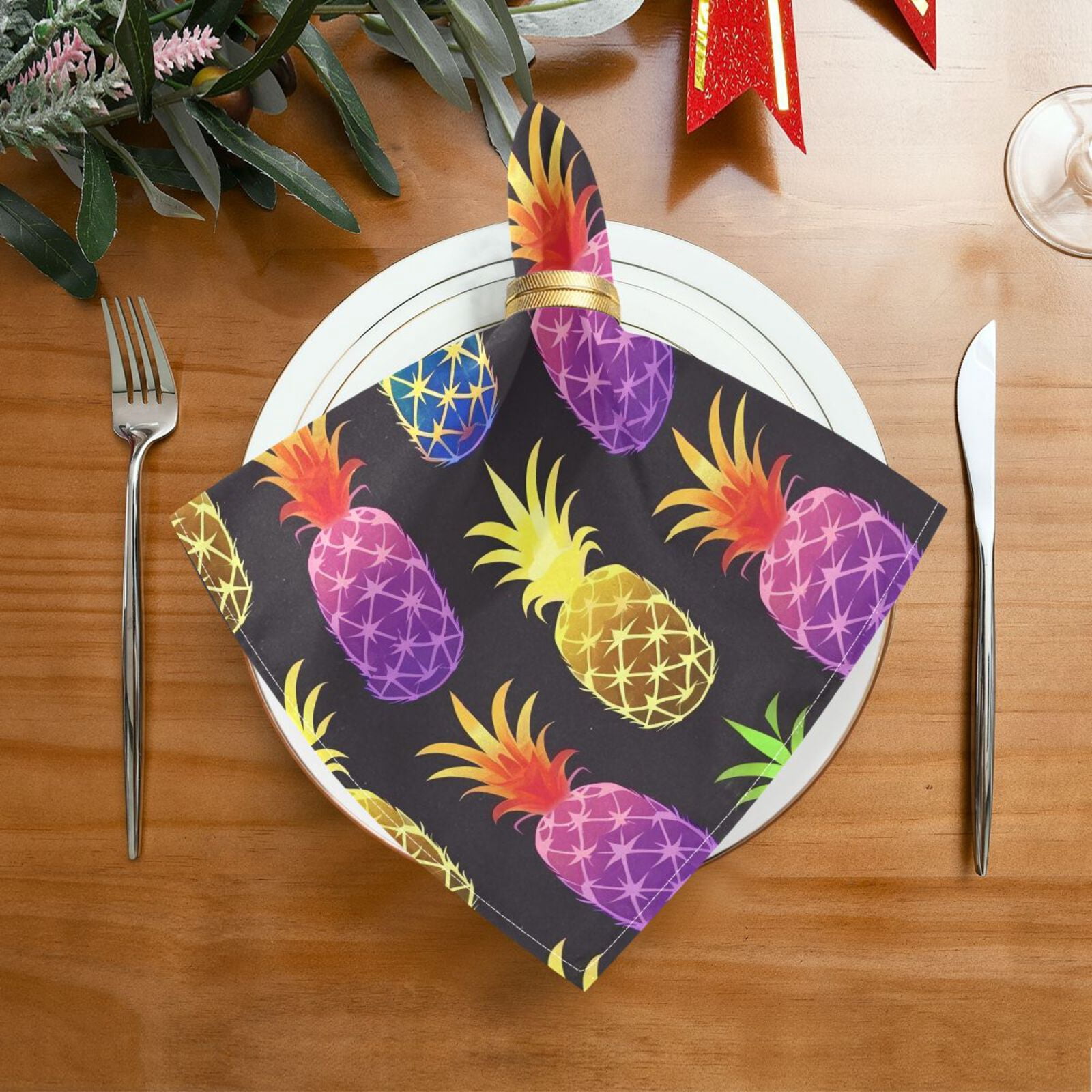 JSTEL Rainbow Pineapple Cloth Napkins Set of 6, 20x20 Inch Washable and Reusable Napkin for Decoupage Dinner Party Everyday Use
