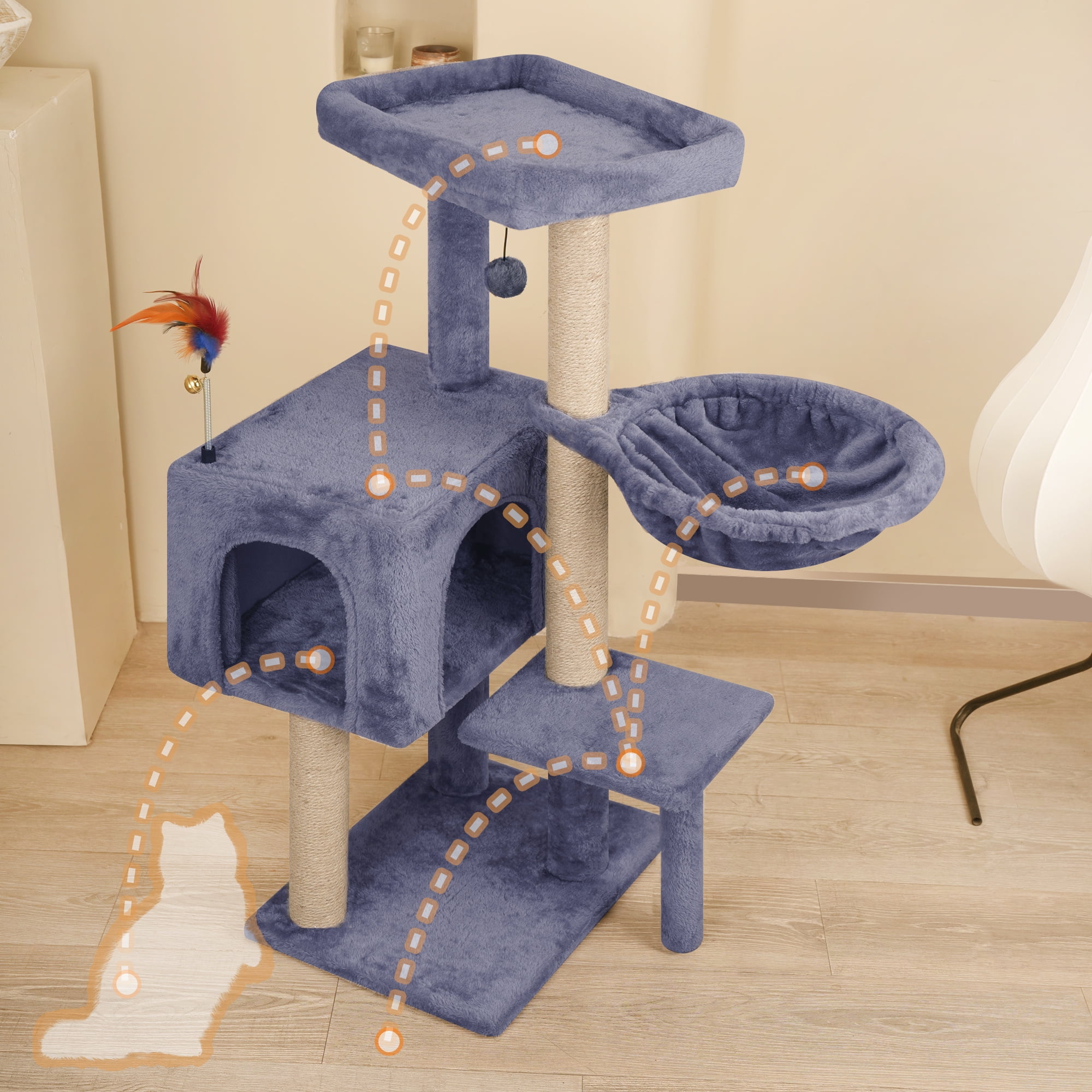 WK 35.43" Cat Tree Tower with Cat Scratching Posts,Cat tower with Cat Condo and Toy Balls,Grey