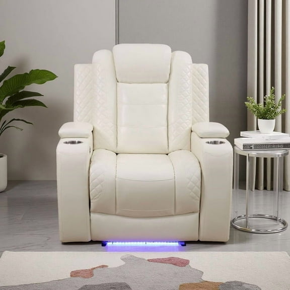 Homeness Power Recliner Sofa White Leather Recliner Chair with USB Charging, Breathable Faux Leather for Living Room, Home Theater Seating