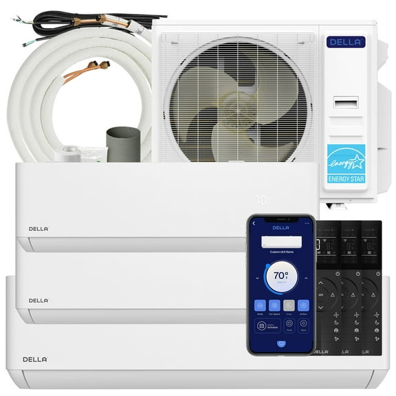 Della 42K BTU ODU 22 SEER2 208-230V 3 Zone 9K 12K 23K BTU Cools Up to 2450 Sq.Ft, Works with Alexa, Wifi Energy Efficient Multi Zone Mini Split Air Conditioner Pre-Charged Heat Pump Full Set