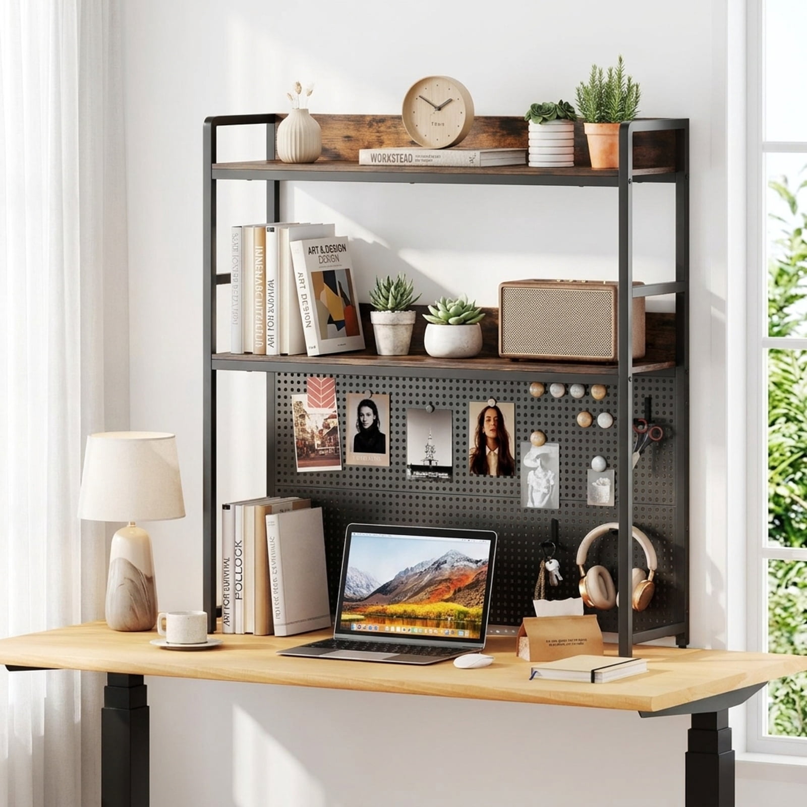 Furnibear Multipurpose 2-Tier Desktop Bookshelf with Pegboard for up to 32 Inch Computer Monitor for Living Room Home Office Bedroom, Rustic Brown