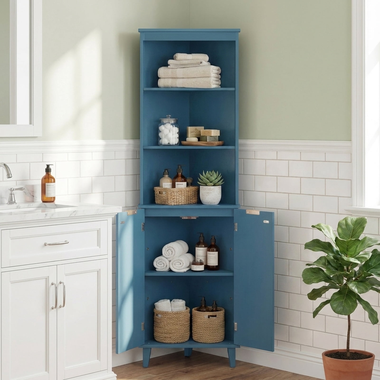Vebreda Freestanding Bathroom Storage Cabinet, 68 Inch Tall Bathroom Floor Storage Cabinet with Fluted Doors, Space-Saving Design