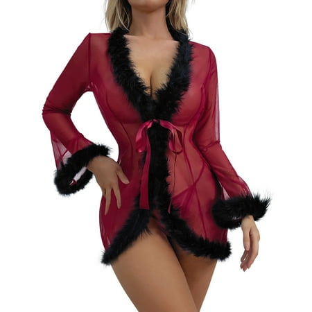 

Outfmvch womens pajama sets Women s Lace Nightwear V Neck Long Sleeves Mesh Christmas Lingerie For Women Two Pieces lingerie for women