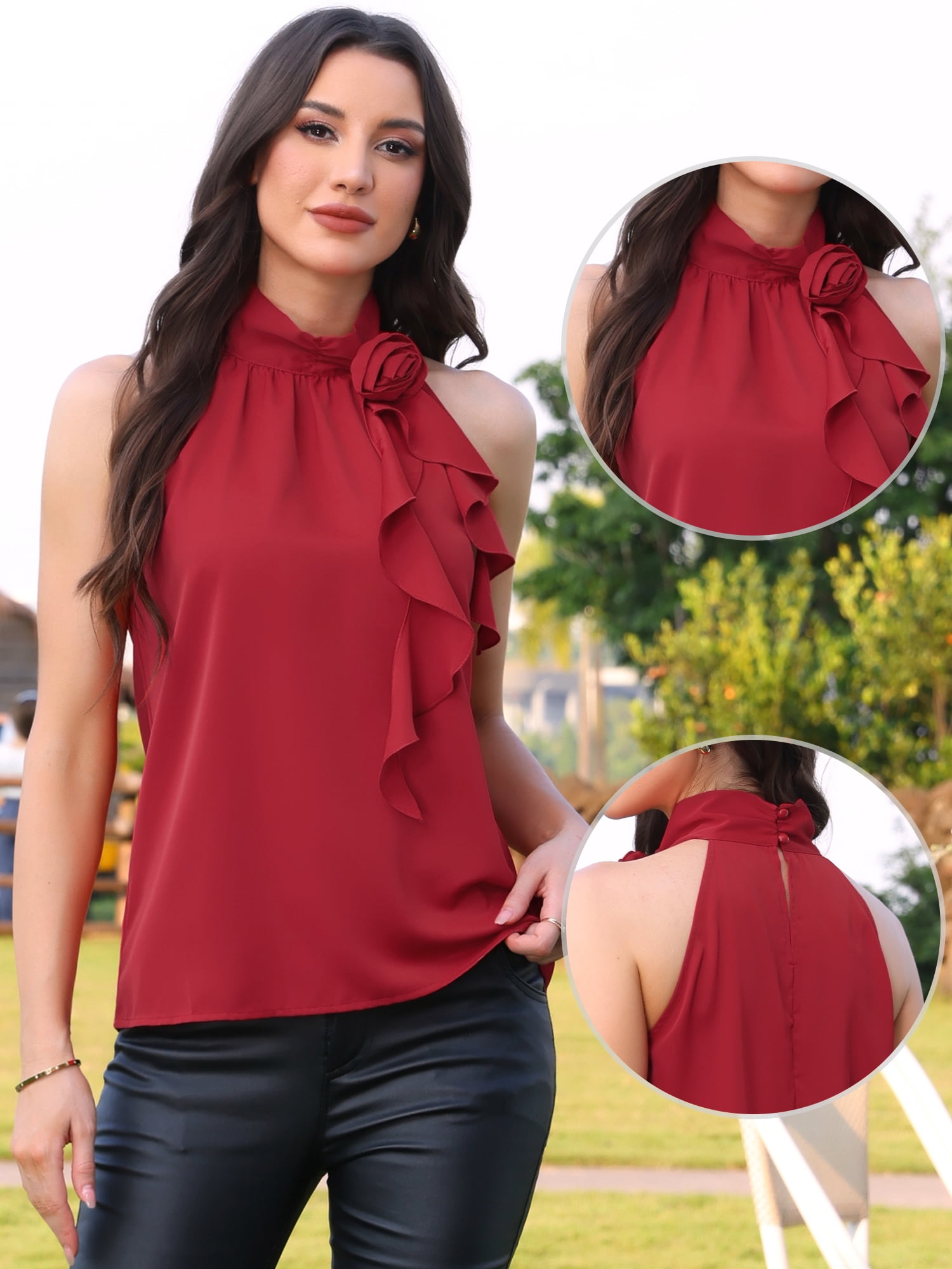 DARING DIVA Women's Halter Neck Top 3D Floral Sleeveless Dressy Casual Blouse M Red