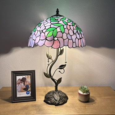 Tiffany Table Lamp Purpler Stained Glass Green Leaves Iron Metal Leaves Bronze Base LED Bulbs Included for Living Room Bedroom Bedside 14"W*14"D*24"H