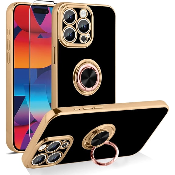 Compatible with iPhone 15 Pro Max Case with Ring Stand, [Military Grade Drop Protection] [Screen Protector] Slim Shockproof Soft TPU Protective Case for iPhone 15 Pro Max, Black