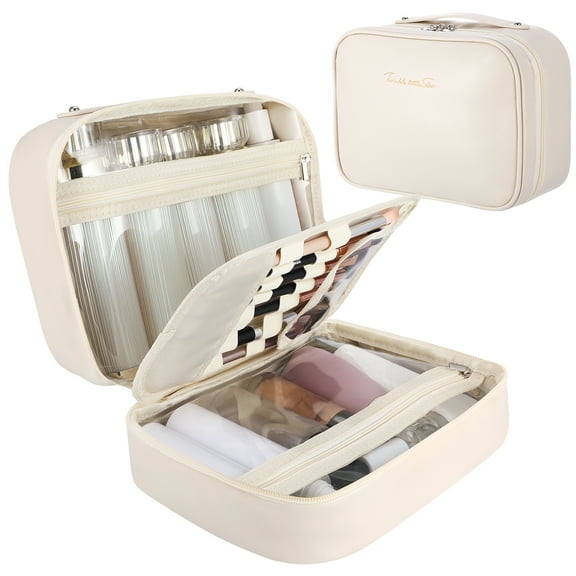 Abaima 3-in-1 Travel Makeup Bag with Compartments, Large Capacity Waterproof Toiletry Bag with Brush Holders & Dividers, Vegan Leather Portable Cosmetic Organizer for Travel