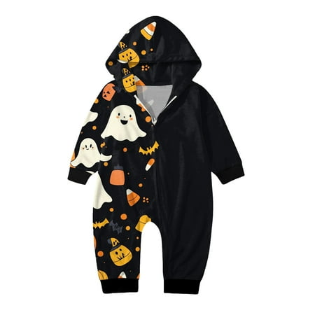 

Babys Happy Halloween Sets Red Prints Hooded Zipper Jumpsuit Family Outfit