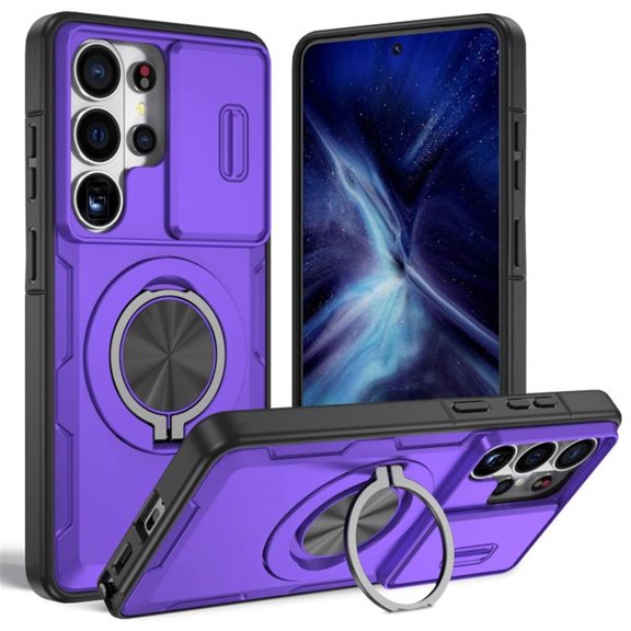 Rugged Shockproof Phone Cover for Samsung Galaxy S26 Ultra 5G 6.9", Built-in Slide Camera Protector with 360° Rotatable Ring Kickstand,Purple,For Galaxy S26 Ultra 5G