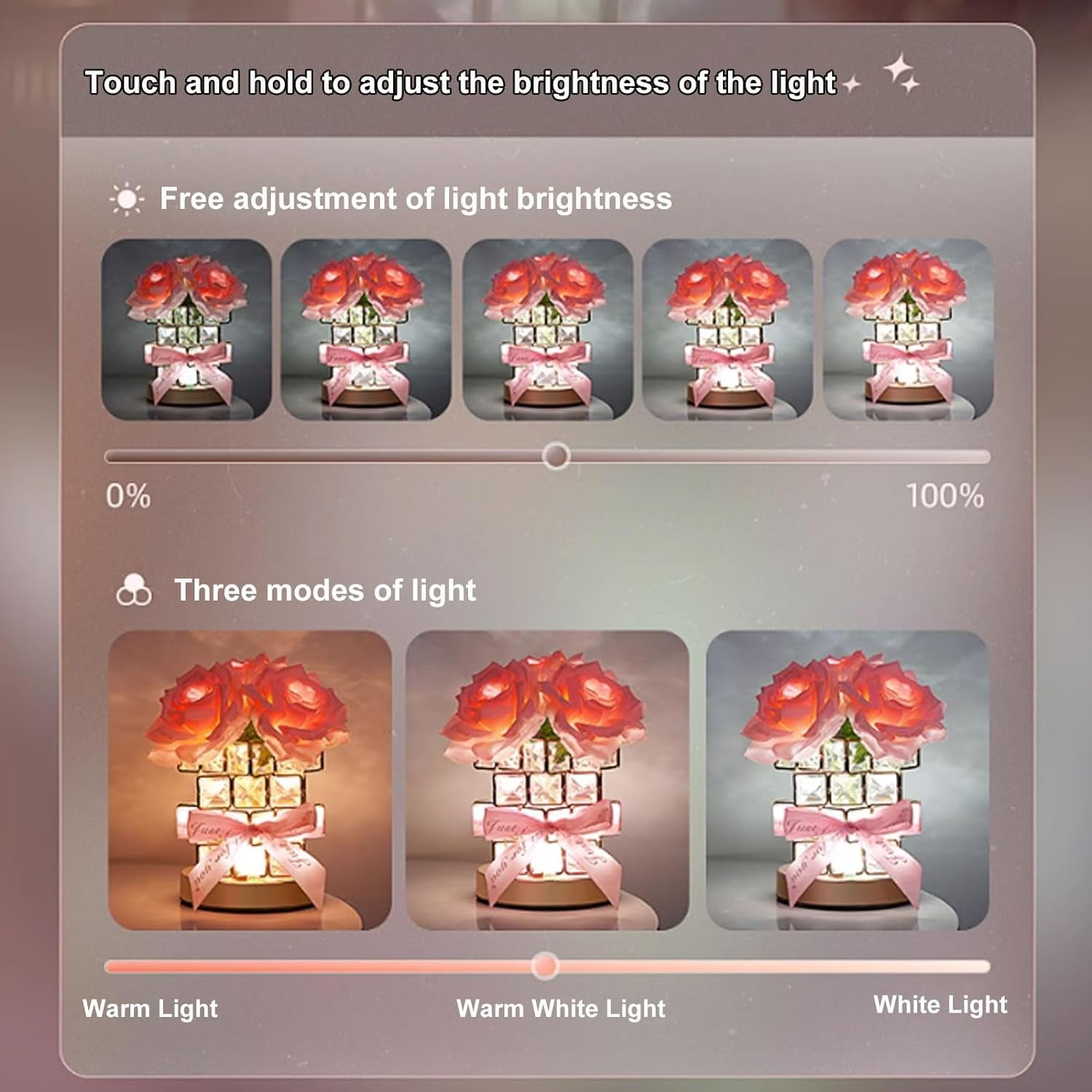 Rose Crystal Table Lamp, USB Charging 3 Colors Dimmable Flower Lamp Square Crystal Vase Romantic Gift Room Decoration for Women Wife Girlfriend