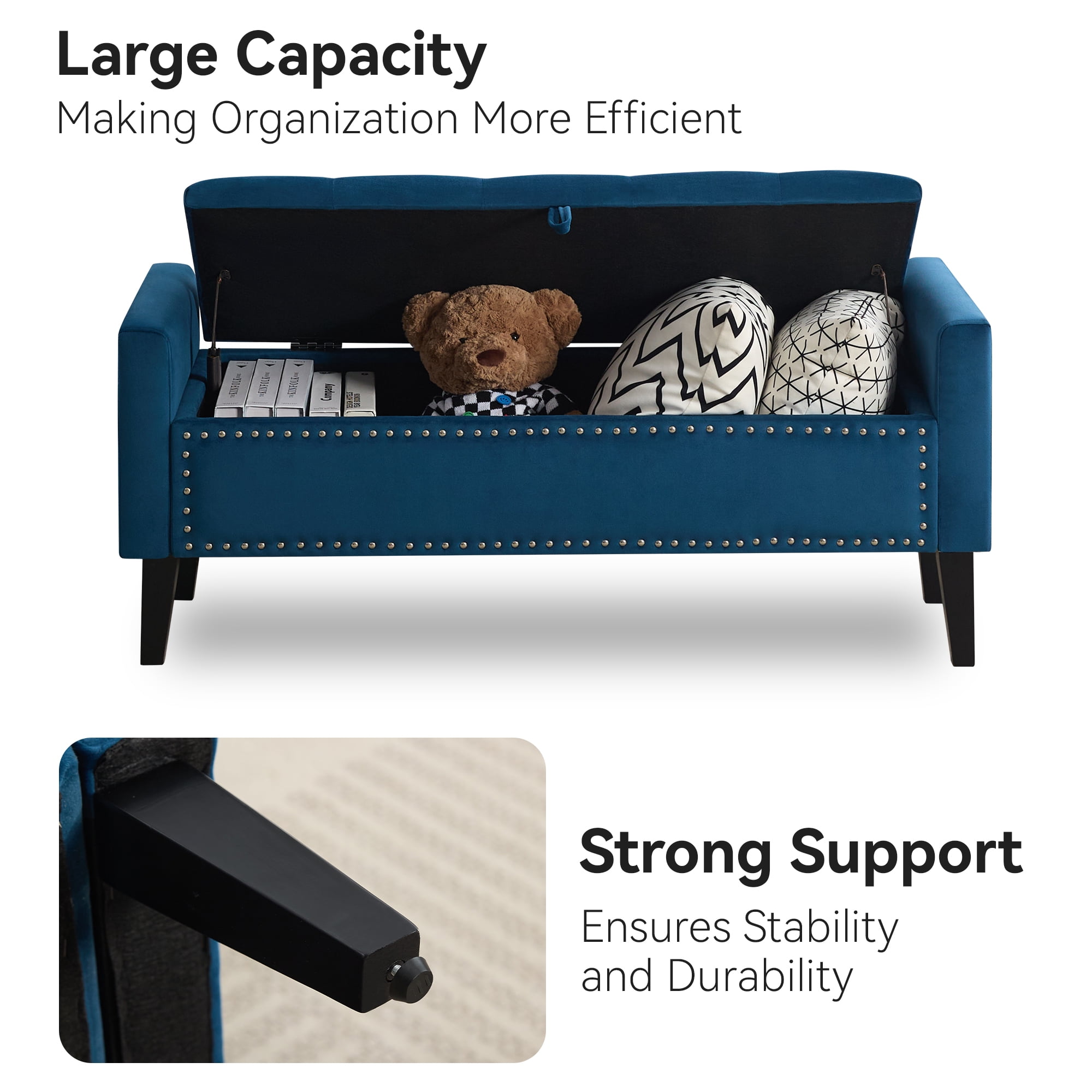 Velvet Storage Bench, Upholstered Bed Bench with Storage, End of Bed Ottoman with Wooden Legs,Bedside Storage Bench for Bedroom, Living Room, or Entryway, Blue