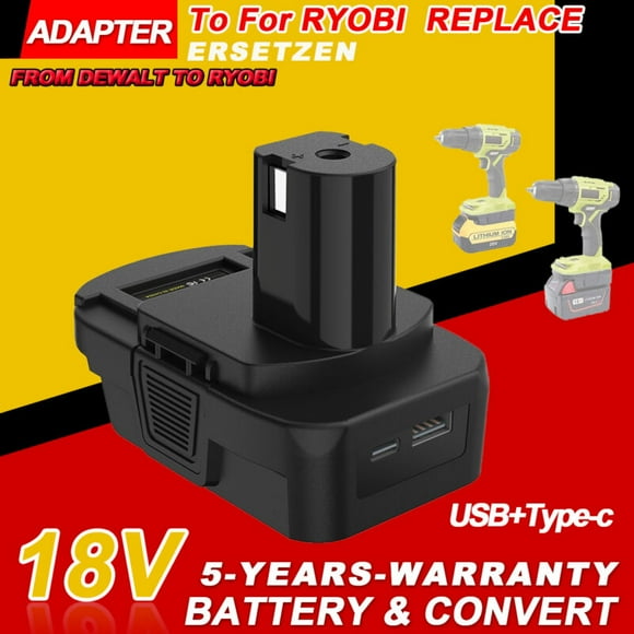 DM18RL Battery Adapter Converter with USB & Type-C Port for Use with Ryobi 18V Lithium Battery Tools, Converts Dewalt 20V Li-ion or Milwaukee M18 18V Li-ion Battery to Ryobi 18V Li-ion Battery