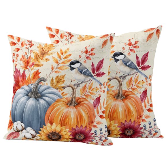 Fall Thanksgiving Outdoor Waterproof Pillow Covers, Blue Pumpkin Sunflower Bird Beige Decorative Square Throw Pillowcase Sofa Cushion Sham for Patio/Couch/Chair, 20"x20" 2 Pack
