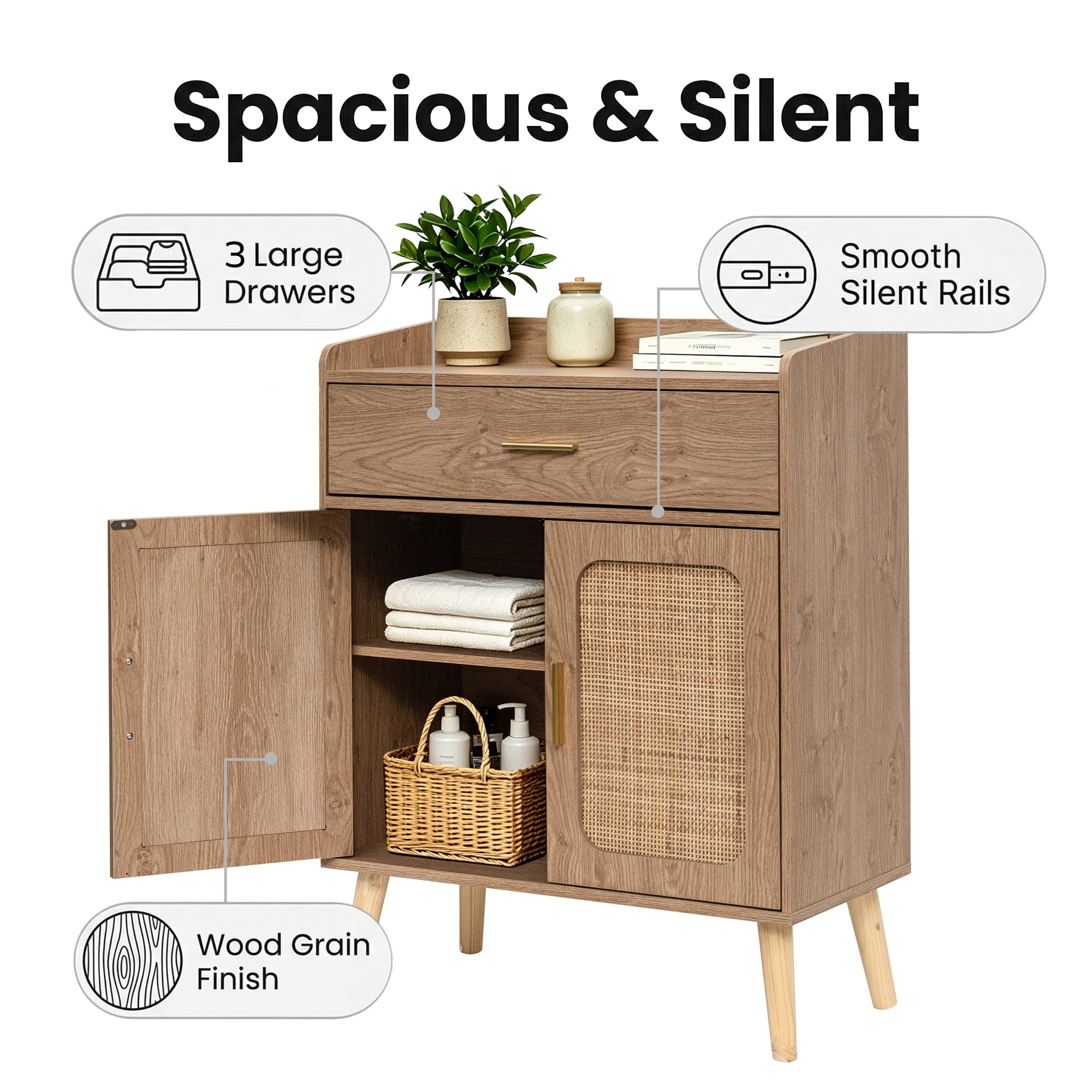 Kitchen Storage Cabinet, Farmhouse Buffet Cabinet, Storage with 1 Drawers and 2 Doors, Cabinet with Solid Wood Feet, Floor Sideboard Buffet for Living Room, Dining Room, Bathroom (Natural Color)