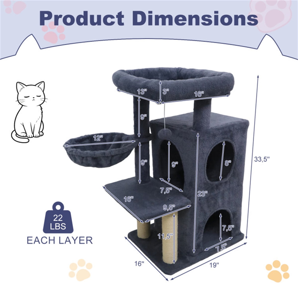 ZephyPaws Tall Cat Tree Tower for Indoor Cat, 35in Multiple-Level Cat Condo with 2 Caves, Cat Scratching Posts,Perches,Dark Gray