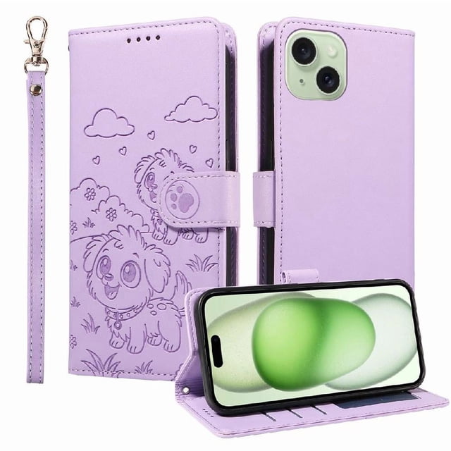 Funda Cartera GANGXUN con Diseño de Perrito en Relieve para iPhone 15 Plus , Protección 360° con Ranuras y Correa Desmontable