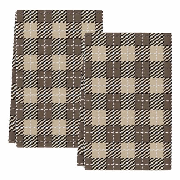 Dish Towels, Brown Check Plaid Absorbent Kitchen Towels 2 PCS, Geometric Pattern Microfiber Hand Towels Dish Cloths Tea Towels for Home Bathroom Cleaning Drying,18X28-Inch,