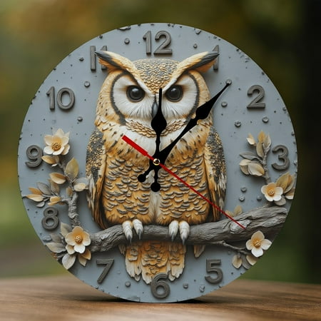 Wall Clock Decorative - Owl with Blossoms Print 2D Vintage Wall Clocks Battery Operated Silent Non-Ticking for Bedroom, Living Room, Kitchen, Office, Classroom, 10 Inch