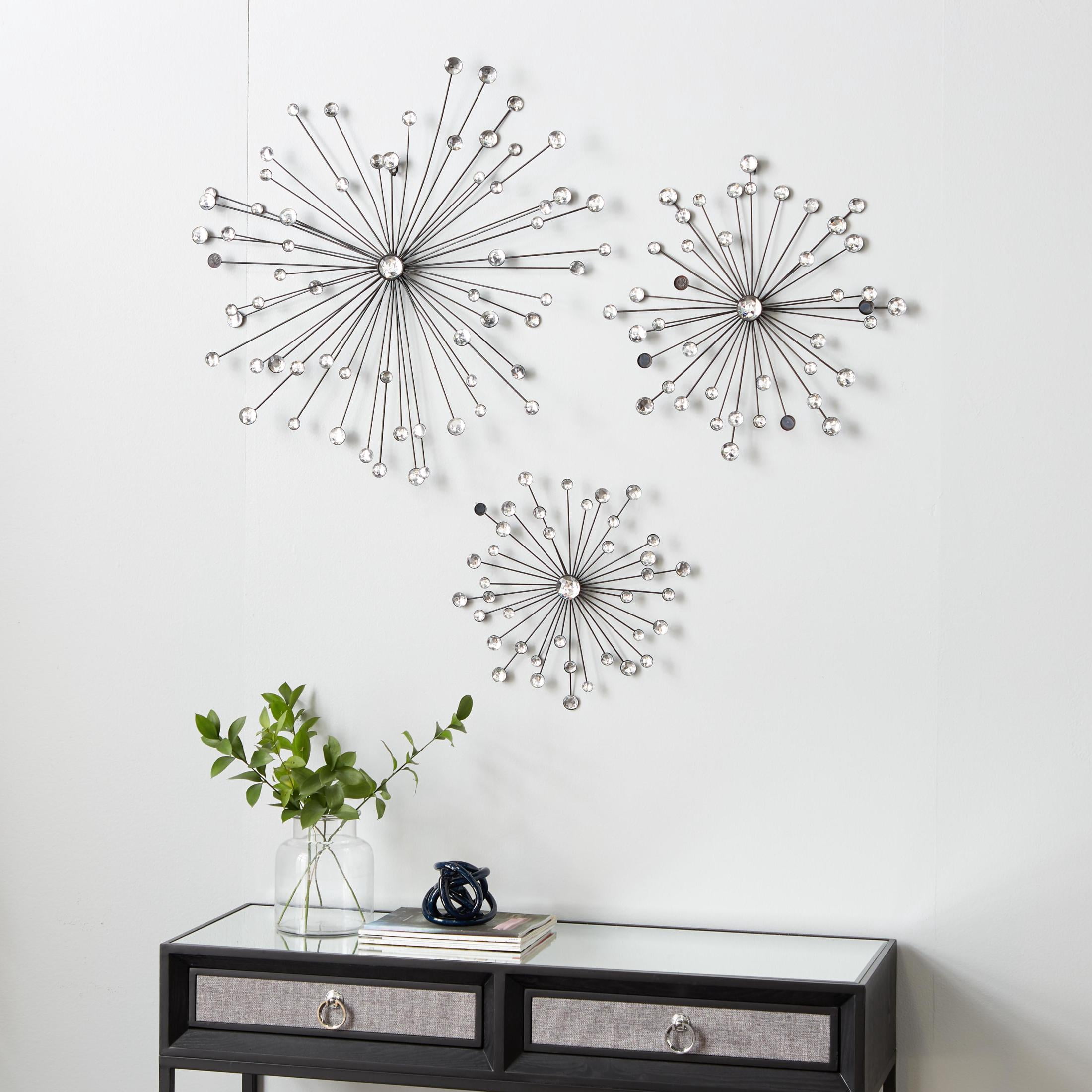 DecMode Black Glam Metal Starburst Design with Round Acrylic Jewel Accent Wall Décor, Set of 3 16", 20", 24" H