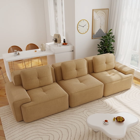 Aukfa Corduroy 3-Piece Modular Sectional Sofa, 93-in Wide Sofa Seat for Living Room, Tufted, Camel
