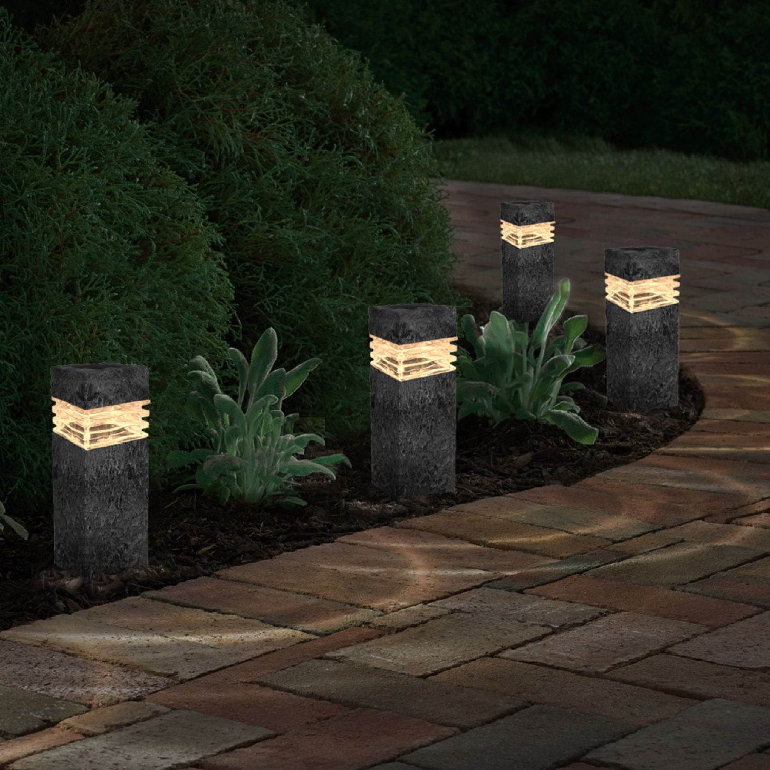 Deck Impressions Solar Charcoal Stone Outdoor Integrated LED Landscape Rock Pillar Path Light, 2-Pack