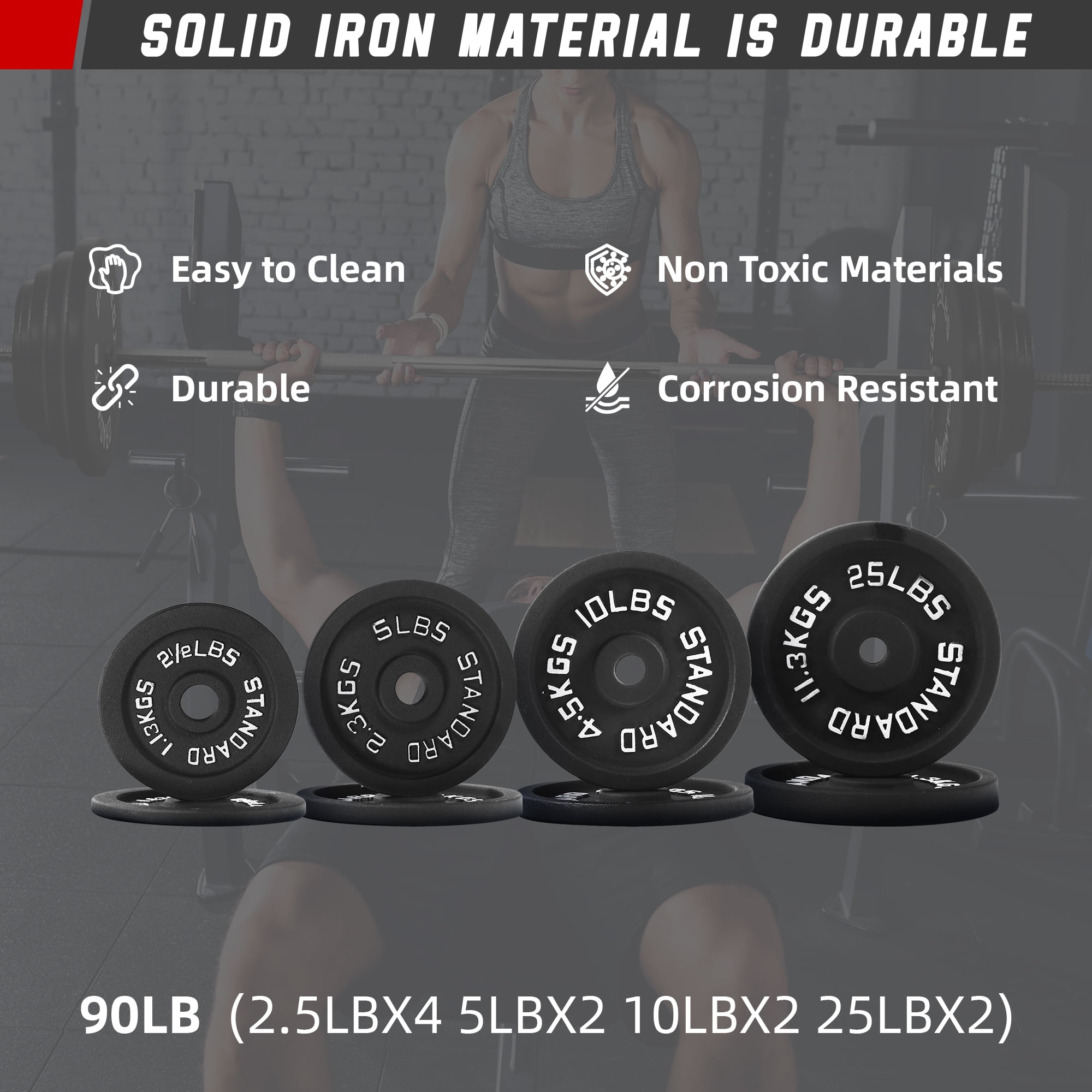 FlexWave 1-Inch Standard Cast Iron Weight Plate Set, 90LB Options, Multiple Sizes，for Strength Training & Weightlifting
