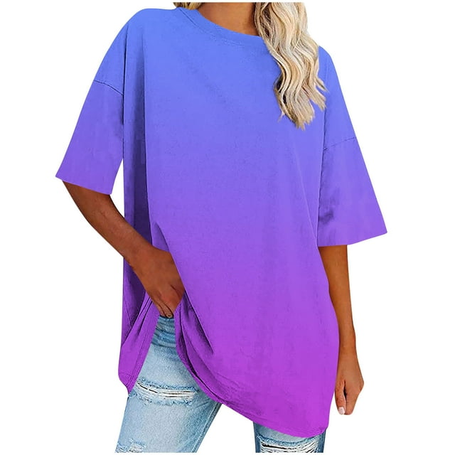 cfhntfmh Hauts Grande Taille pour Femmes Été Tunique Ample à Col Rond Blouse à Manches Courtes Basique Tendance T-Shirts Dégradés