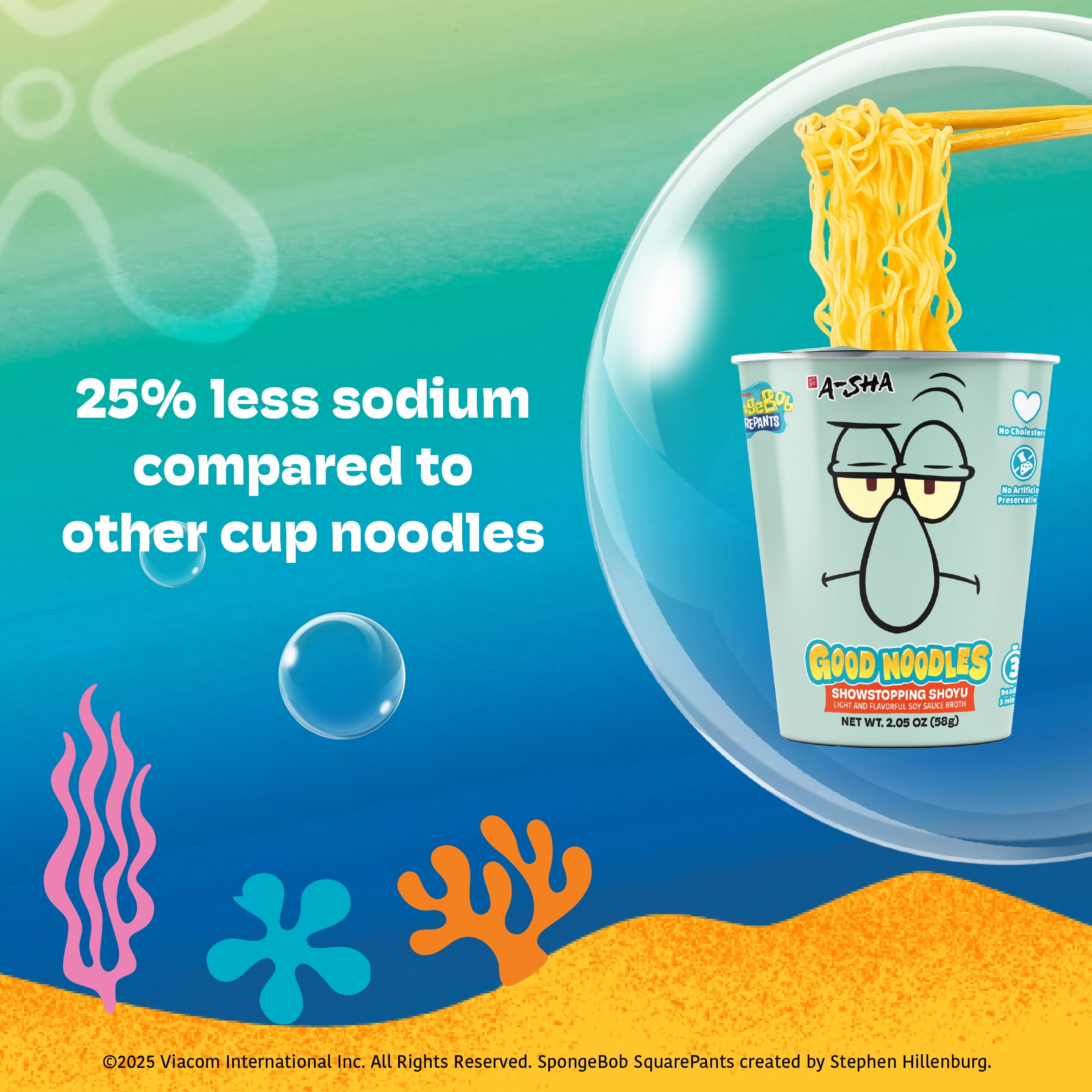 A-Sha & SpongeBob Squarepants Good Noodles (6 Pack) | Squidward Showstopping Shoyu Flavor  | Better For You Microwaveable Ramen Soup Mix