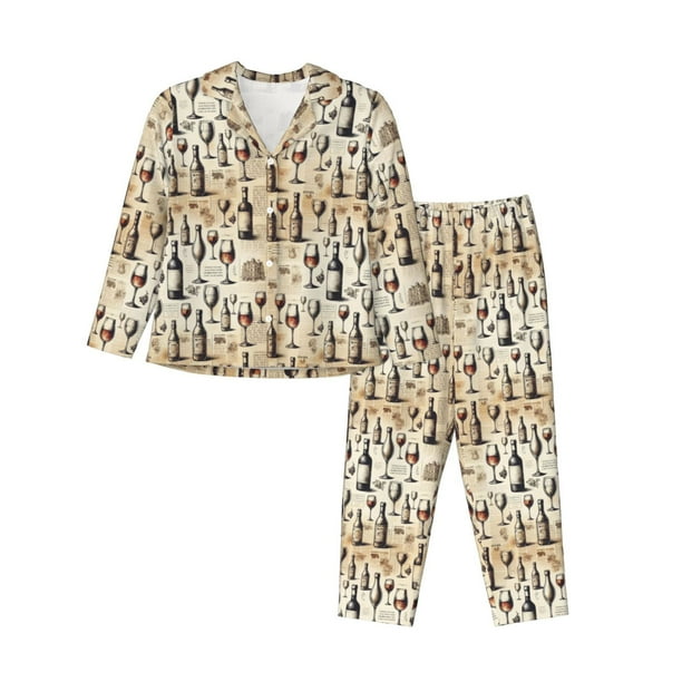 Balery Wine 1 Conjunto de Pijama con Estampado para Mujer, Conjunto de Dos Piezas con Manga Larga, Ropa de Dormir Suave con Bolsillos, Pijamas Cómodos-XX-Large