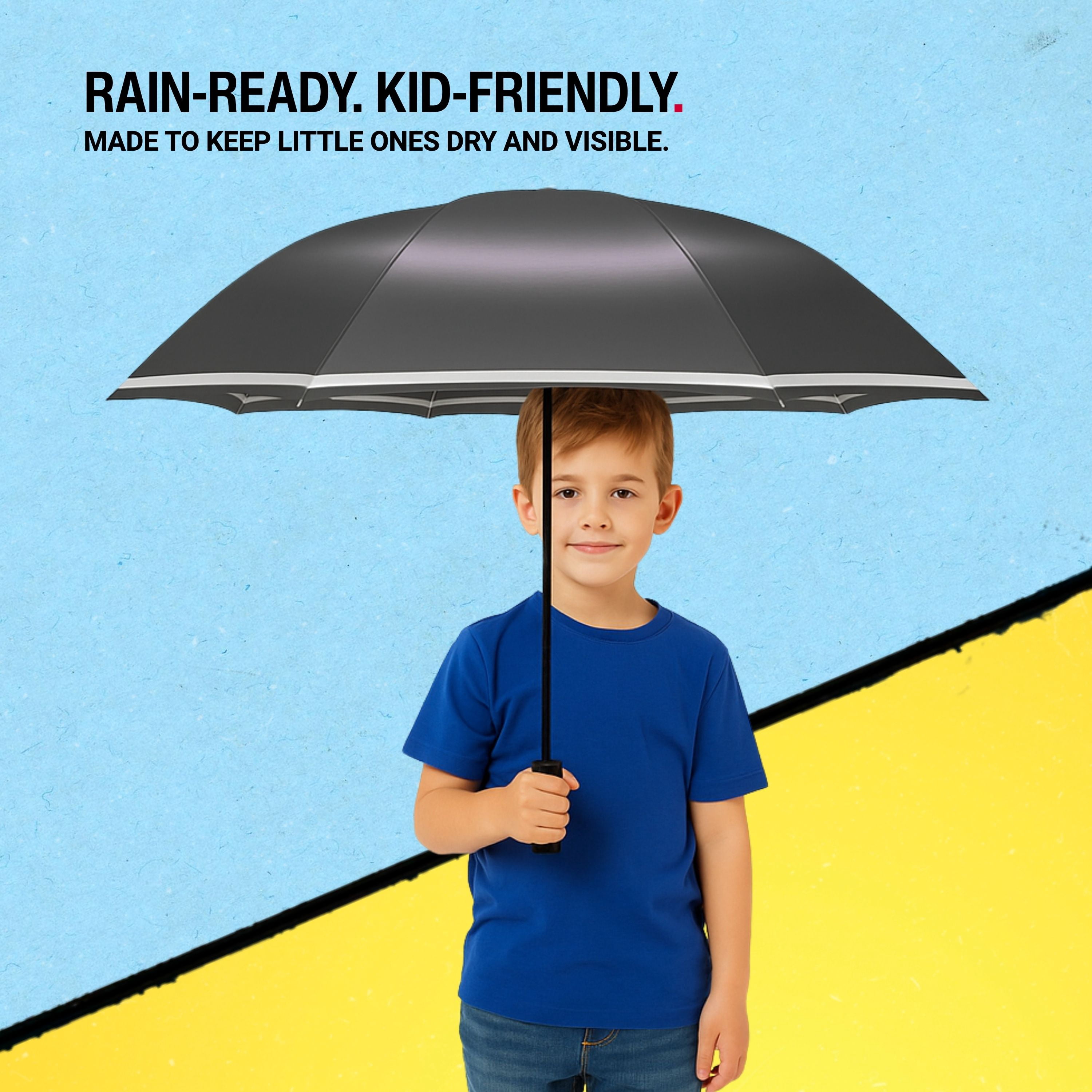 Knirps Black Rookie Manual Rain Umbrella for Elementary and Middle School Kids – 35.4" Canopy with Reflective Safety Stripe, Lightweight Design, Wind Tunnel Tested, Carrying Case Included