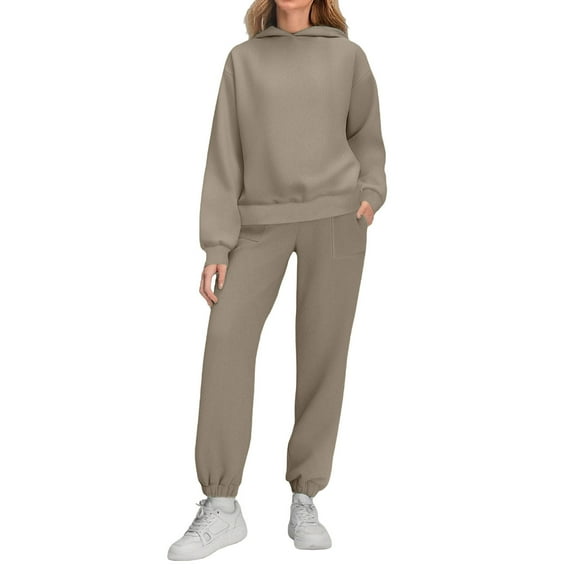 Edvintorg Two Piece Outfits for Women Solid Color Long Sleeve Hooded Sweatshirt with Jogger Pants Sweat Set 2025 Fashion Fall Clothes