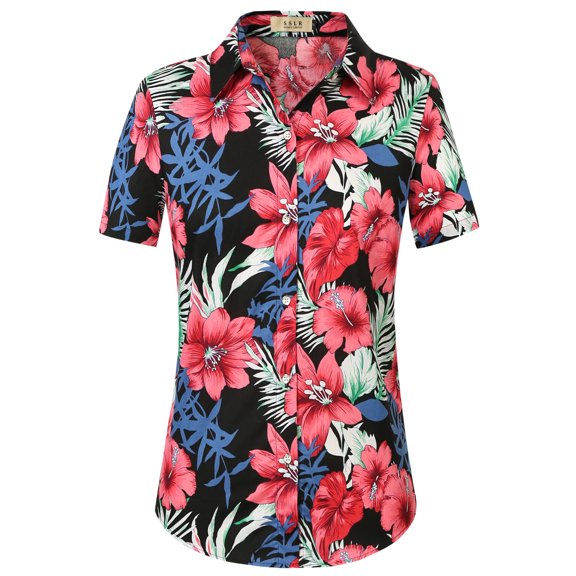 SSLR Womens Hawaiian Shirts Floral Blouses Short Sleeve Button Down Shirts