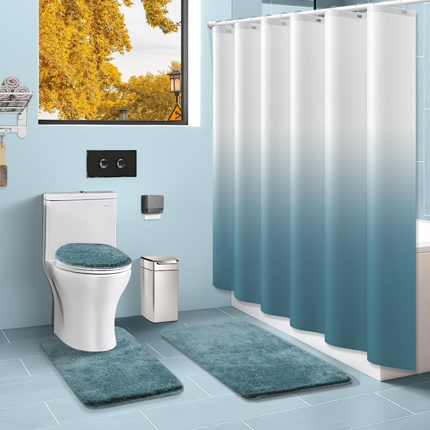 Sage Green Bathroom Sets with Shower Curtain and Rugs Waterproof Shower Curtain Sets 1 Piece and Soft Bathroom Rugs Sets 3 Piece for Luxury Bathroom Decor Set