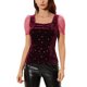 thumbnail image 1 of INSPIRAR CHIC Blusa de terciopelo de manga corta con cuello cuadrado y patrón de estrellas brillantes para mujer S Rojo oscuro, 1 of 6