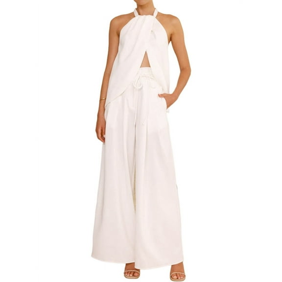 Women'S 2 Piece Outfits 2025 Summer Casual Sleeveless Mock Neck Crop Tops Wide Leg Pants Set White XL