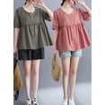 thumbnail image 3 of Blusa suelta a cuadros con botones de manga corta para mujer Camisetas de vacaciones vintage MABOTO Jerseys de mujer, 3 of 7