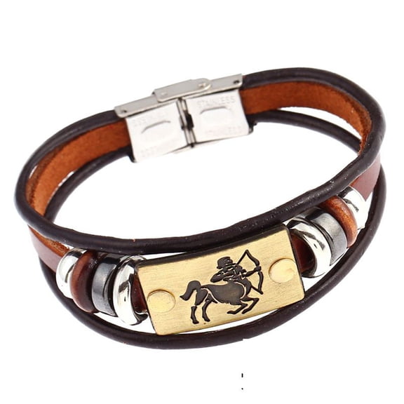 Uijokdef Zodiac Leather Bracelet, Brown Cowhide with Metal Beads, 8 Inches, Unisex