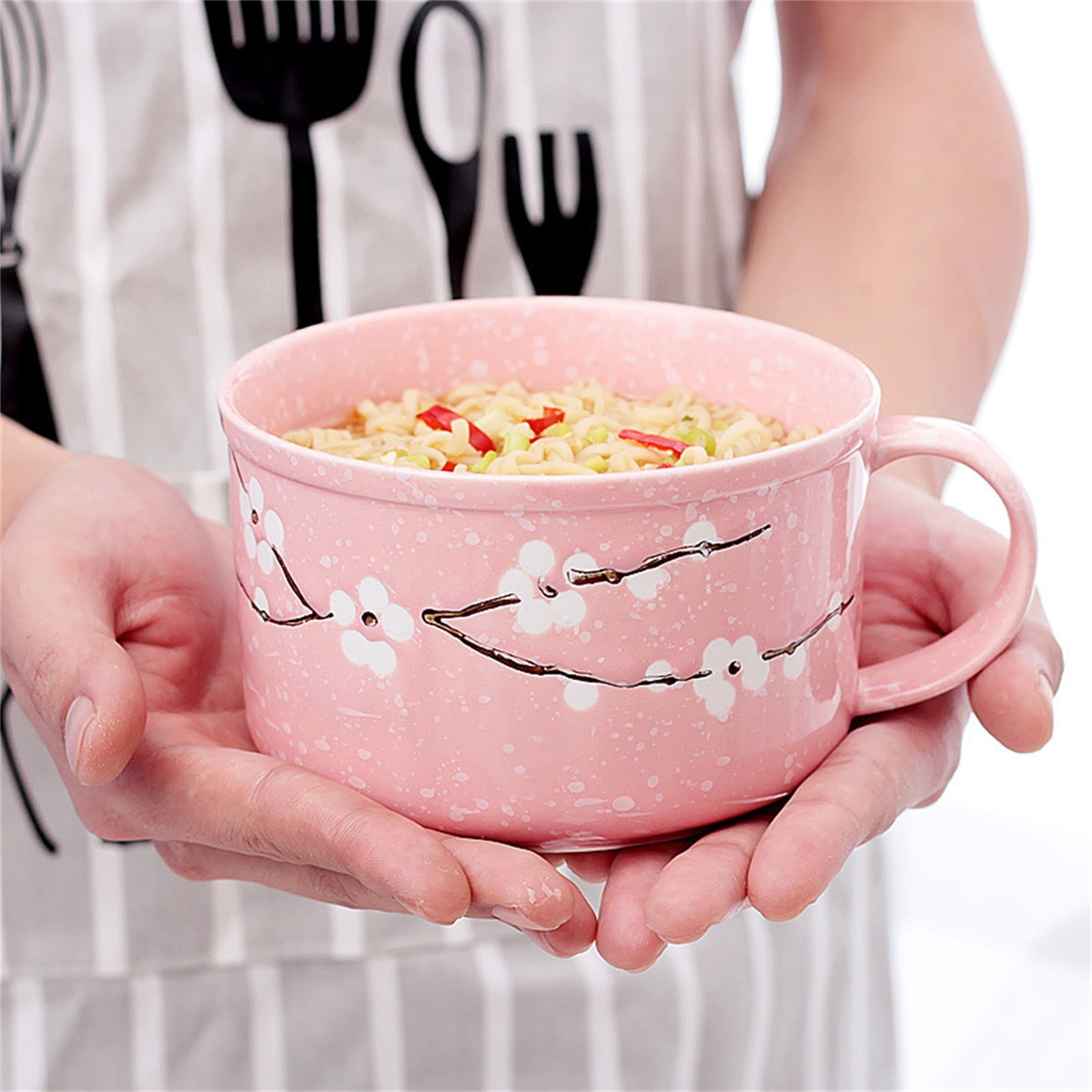 Lunch Box for Women Ceramic Plum Blossom Instant Noodle Bowl with Lid Rice Bowl with Handle Household Student Lunch Box Sealed Soup Bowl Pink, Kitchen Essentials Clearance Sale
