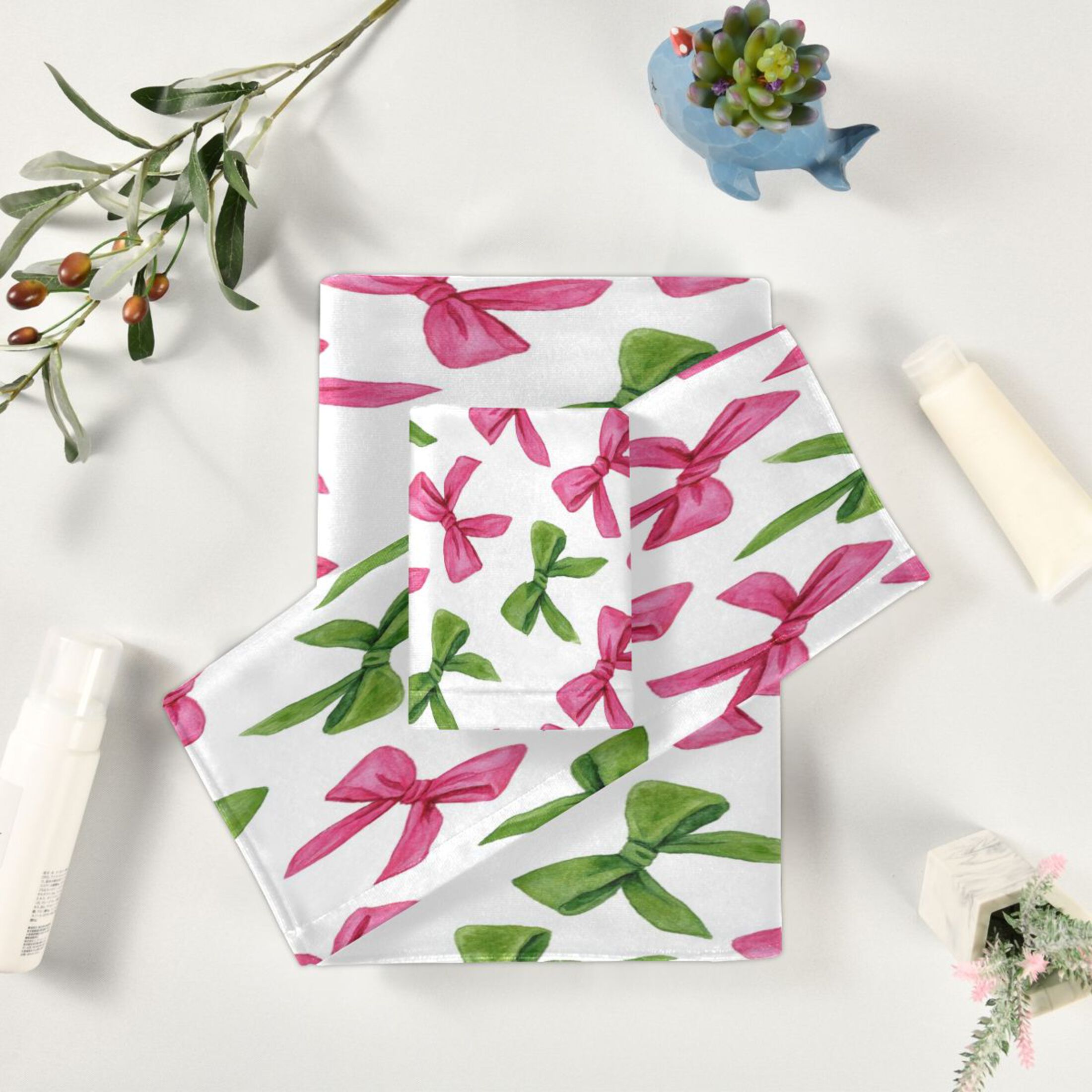 3 Piece Bath Towels Set Bath Towel, Hand Towel and Face Towel for Bathroom, Gym, Hotel Pink Bows and Green Ribbons