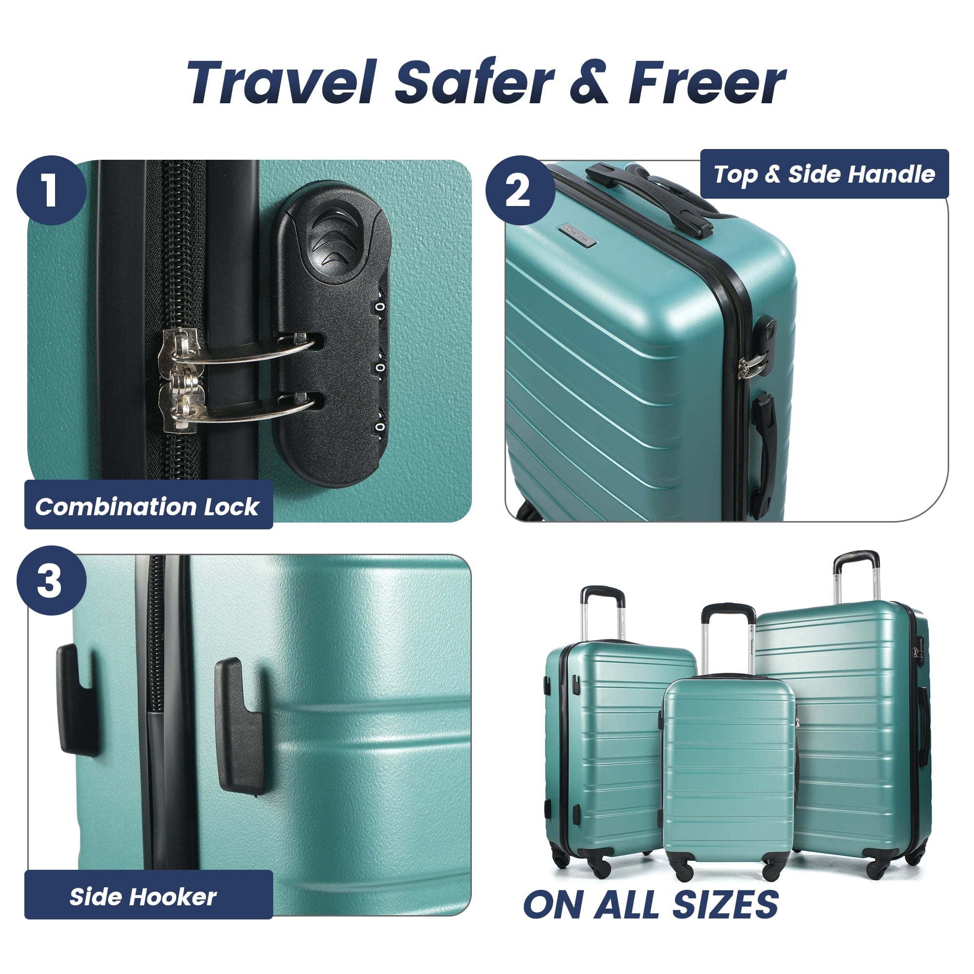 NiceTravel Luggage Set (20/24/28 inch),Hard-shell suitcase with Cup Holder(20"), Combination Locks & 360° Spinner Wheels, Green