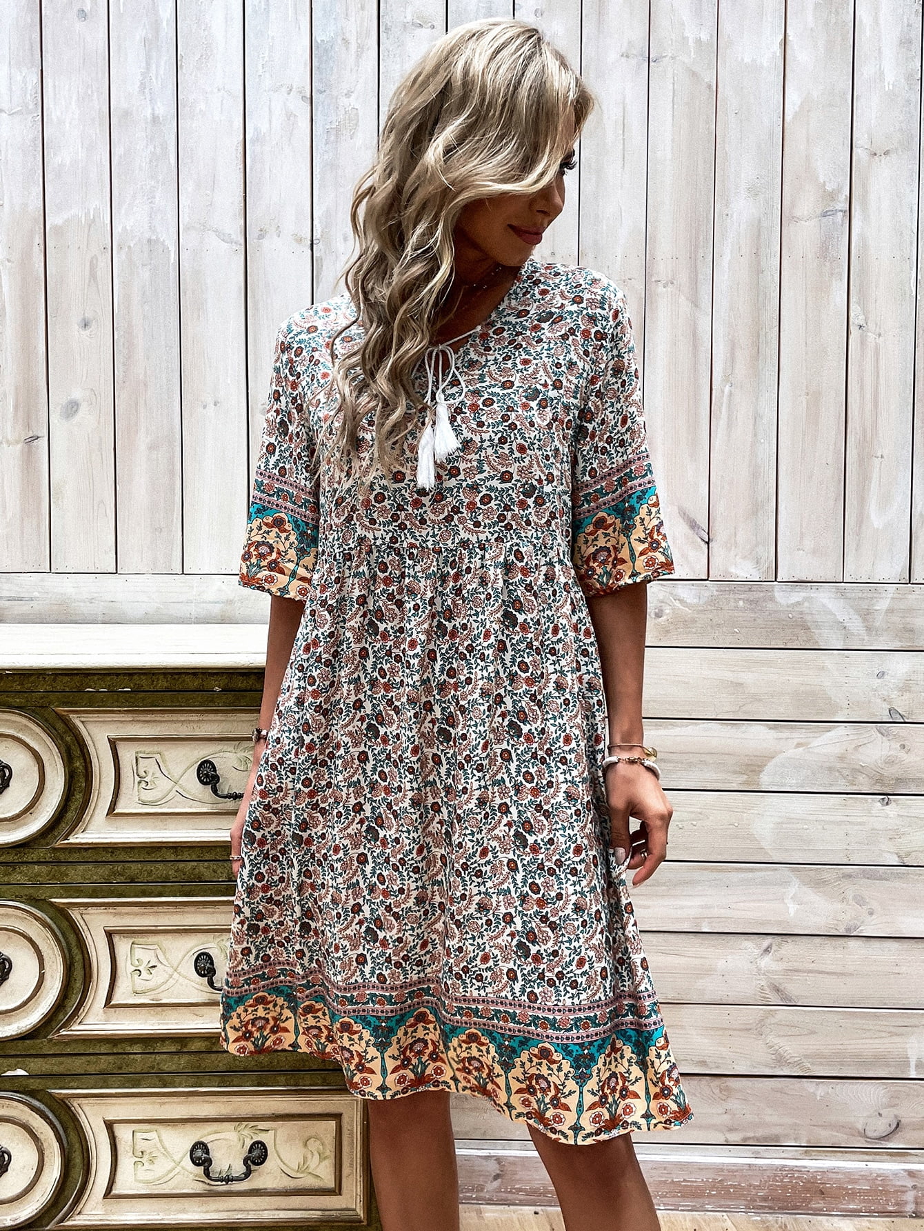 Patchwork Print Tassel Detail Smock 