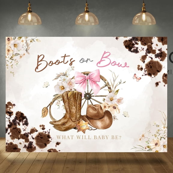 7x5FT Gender Reveal Backdrop Boots or Bows Western Cowboy Cowgirl Background He or She Baby Shower Party Decorations Banner Supplies Photo Booth Props