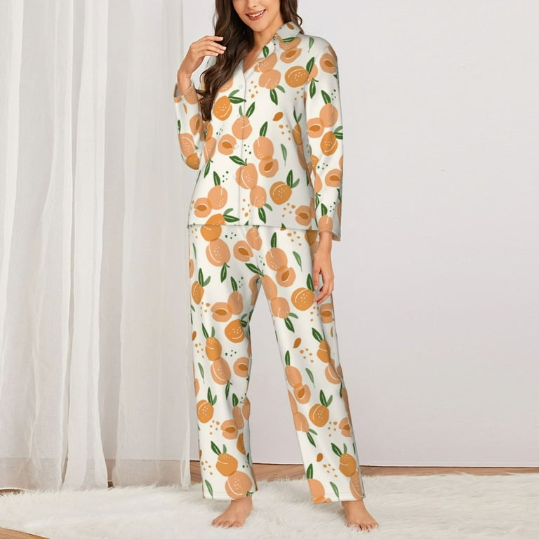 Yiaed Peaches Print Pajamas Women s Long Sleeve Sleepwear Soft Button Down Loungewear Pjs Lounge Set Nightwear Womens Pajama Pants XX Large