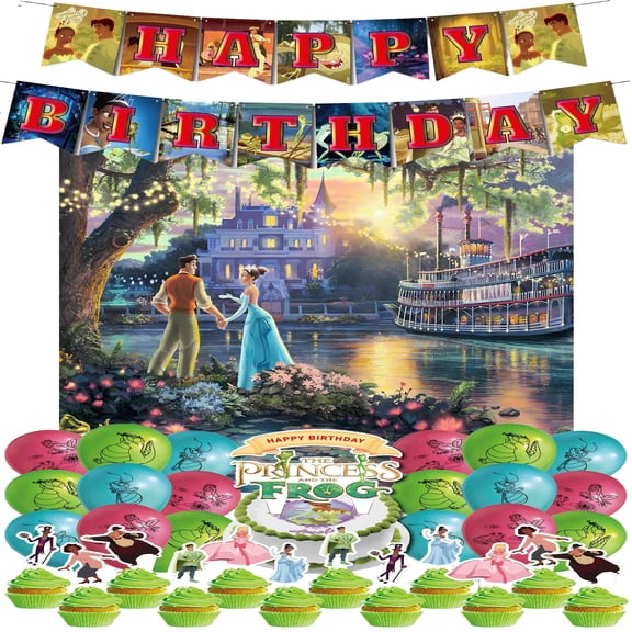 Princess Tiana Birthday Decoration - Tiana Themed Party Supplies Set includes Cupcake Toppers, Cake Topper, Happy Birthday Banner, Balloons, Background