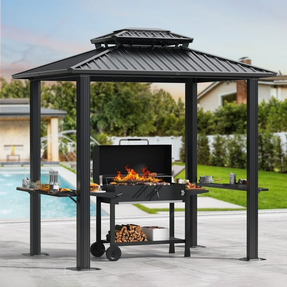 HOTEEL 6x8 FT Hardtop Grill Gazebo with Vented Double Roof, Galvanized Steel Sun & Rain Shelter, Rust-Resistant Aluminum BBQ Gazebo for Outdoor Cooking, Patio, Backyard (Black)