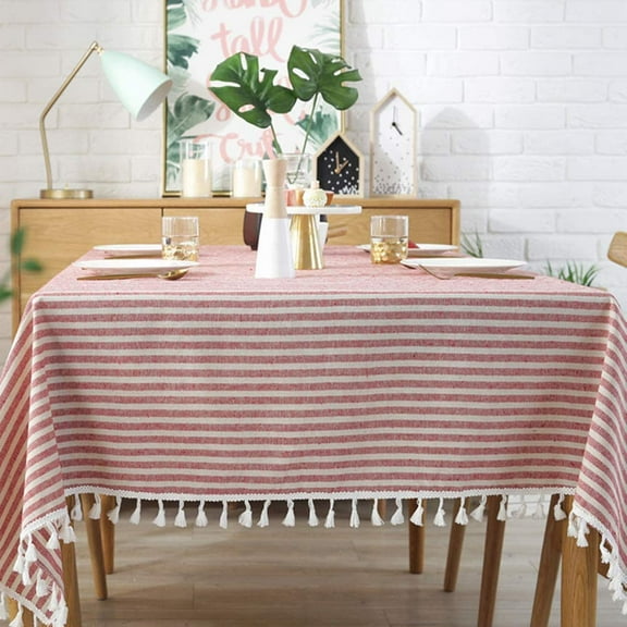 Stripe Tassel Tablecloth Cotton Linen Stain Resistant/Dust-Proof Waterproof Table Cover for Kitchen Dinning Tabletop Decoration (Rectangle/Oblong,55 x 87 Inch, Red) Red Rectangle/Oblong, 55 x