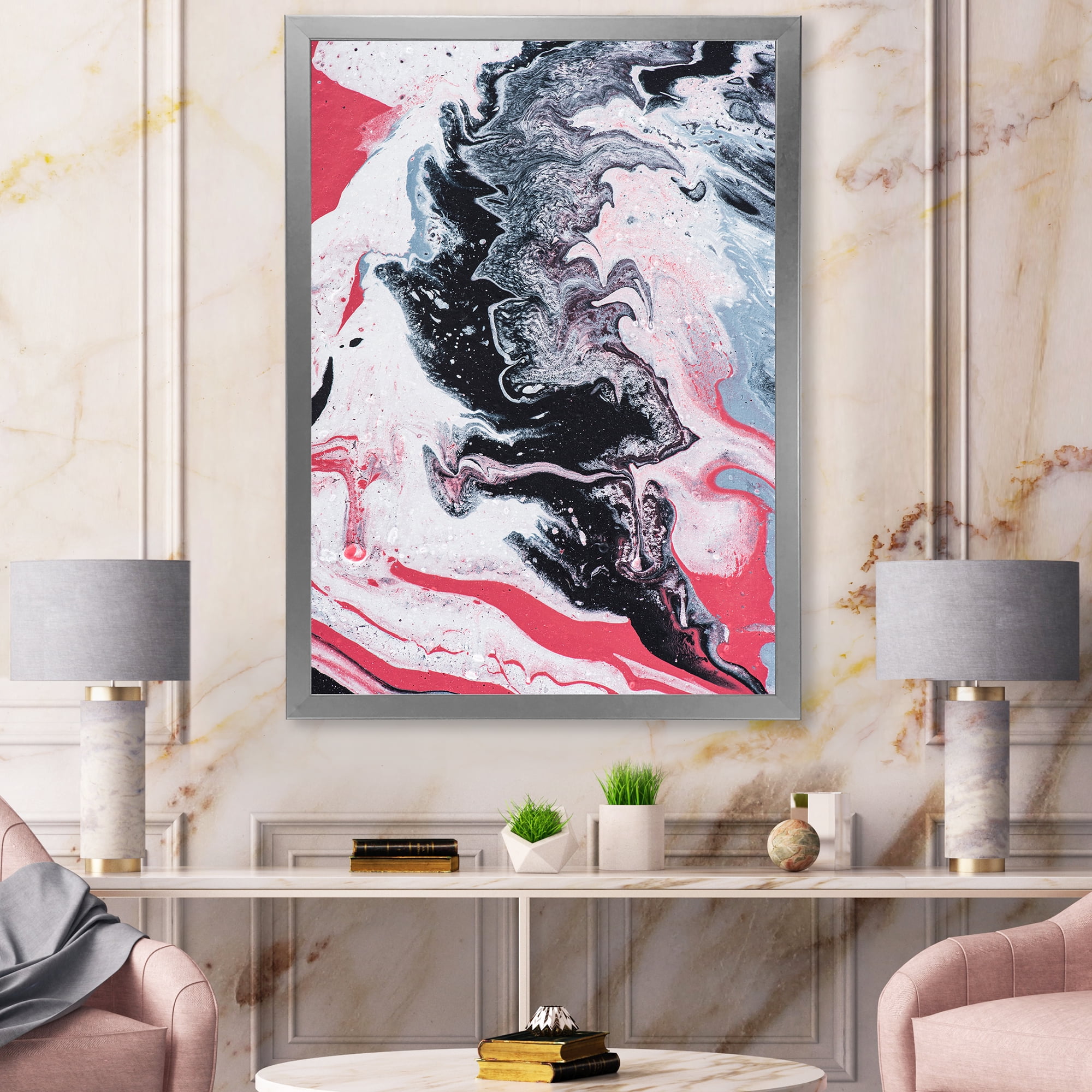 Designart 'Abstract Marble Composition In Gray and Pink I' Modern Framed Art Print