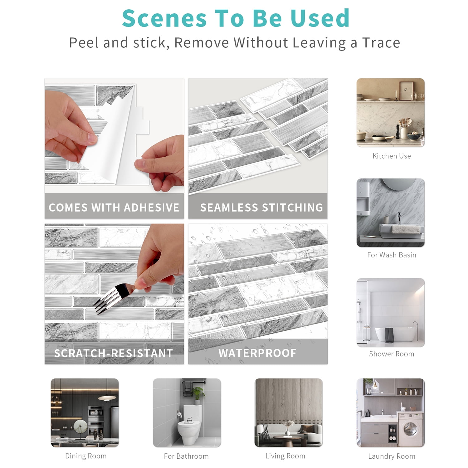 Peel and Stick Backsplash Wall Tiles,Self-Adhesive,Oil Proof,Waterproof, Removable Wall Panels for Kitchen & Bathroom,Modern Design, Easy Install (9.68x4.72 inch,48 Pack)