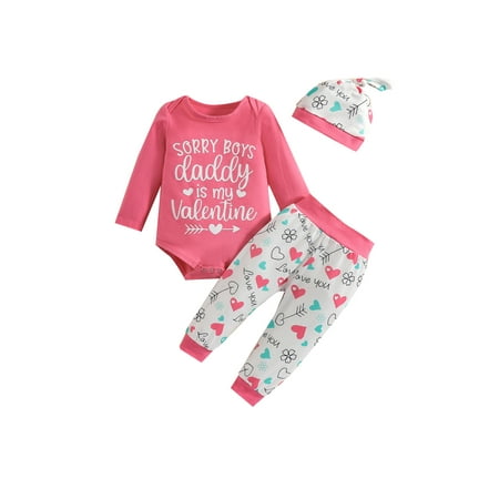 

Baby Girl’s Valentine s Day Printed Romper and Trousers with Hat Set
