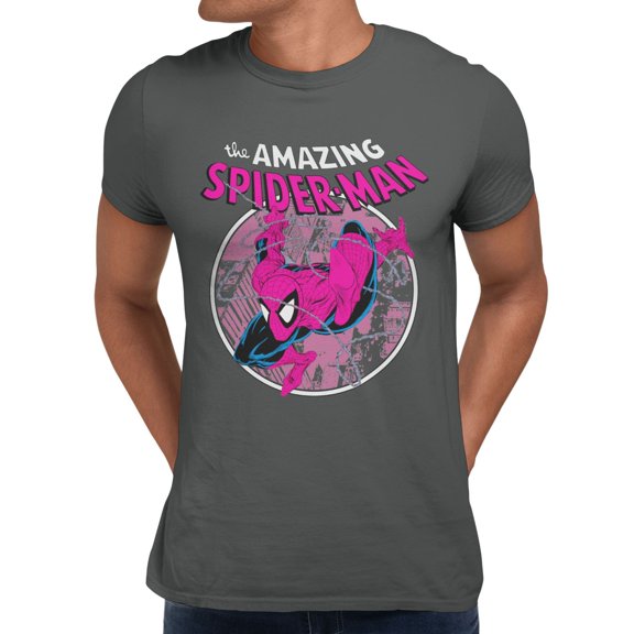 Marvel Comics Retro Spider-Man Vintage Swinging Web Action Men's T Shirt (Charcoal, S-XXXL)